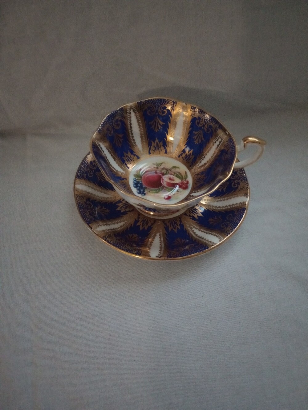 Paragon Blue & Gold Her Majesty's Cup & Saucer Fruit Pattern